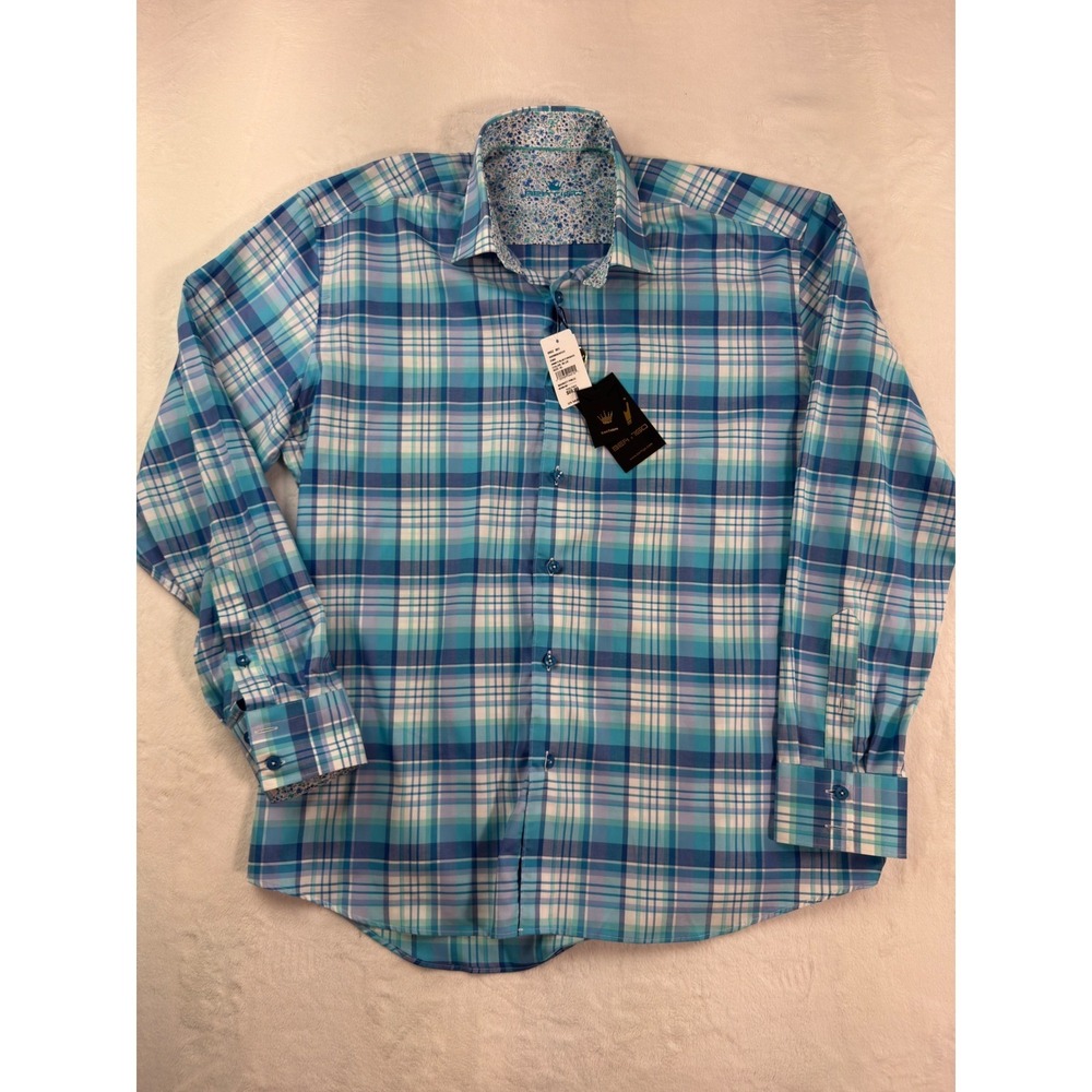 Bertigo Mens Blue Turquoise Plaid Button Down Shirt Long Sleeve XL NWT